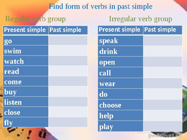 Present simple Past simple go swim watch read come buy listen close fly Find form of verbs in past simple Regul