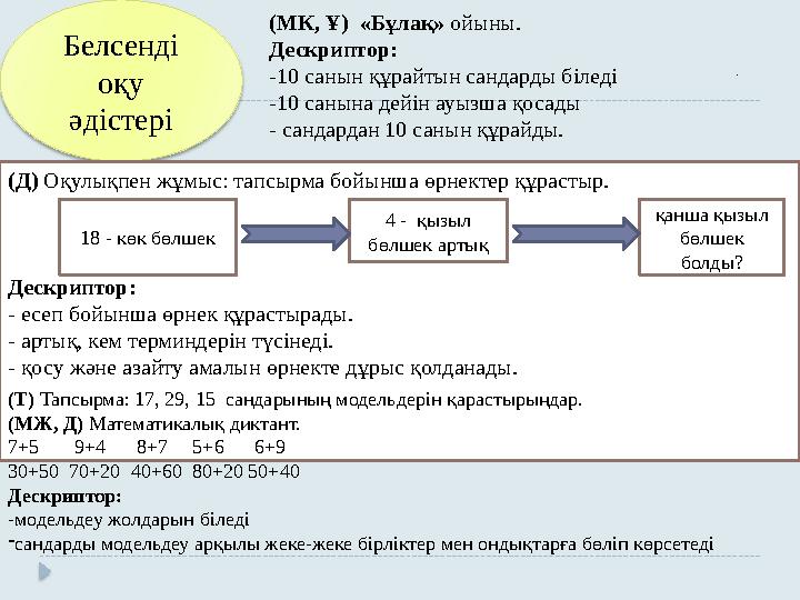 Бе лсенді оқу әдістері. (МК, Ұ) «Бұлақ» ойыны. Дескриптор: -10 санын құрайтын сандарды біледі -10 санына дейін ауызша қ