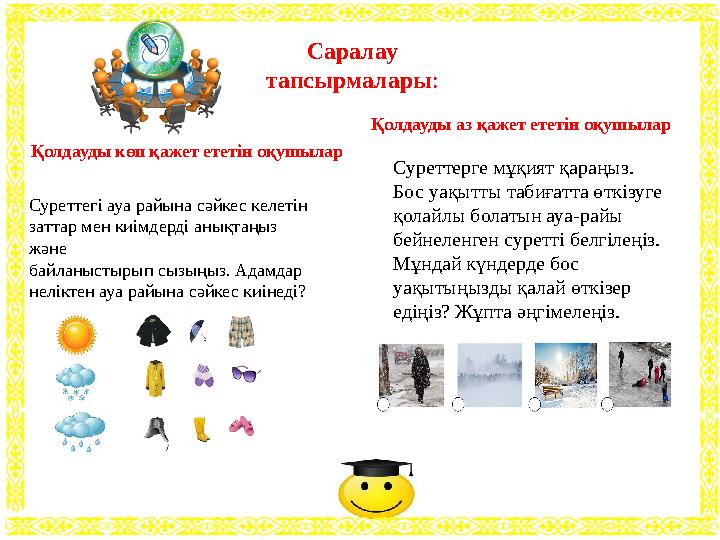 Суреттегі ауа райына сәйкес келетін заттар мен киімдерді анықтаңыз және байланыстырып сызыңыз. Адамдар неліктен ауа райына сә