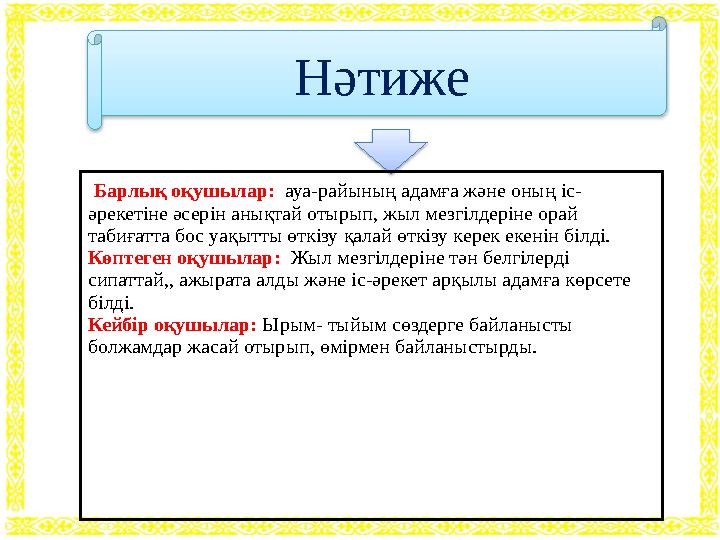 Нәтиже Барлық оқушылар: ауа-райының адамға және оның іс- әрекетіне әсерін анықтай отырып, жыл мезгілдеріне орай табиғатта