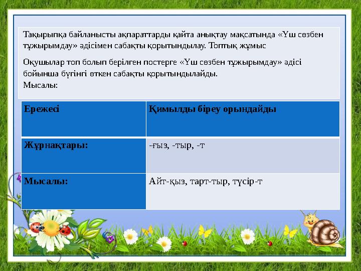 Тақырыпқа байланысты ақпараттарды қайта анықтау мақсатында «Үш сөзбен тұжырымдау» әдісімен сабақты қорытындылау. Топтық жұмыс О