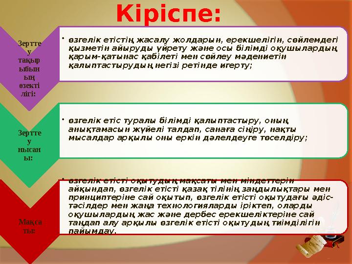 Кіріспе: Зертте у тақыр ыбын ың өзекті лігі: •өзгелік етістің жасалу жолдарын, ерекшелігін, сөйлемдегі қызметін айы