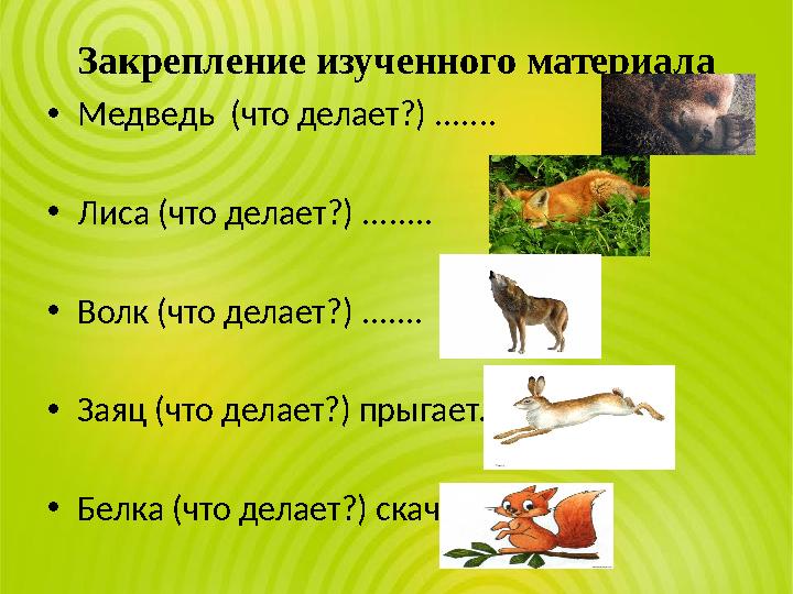 Закрепление изученного материала •Медведь (что делает?) ....... •Лиса (что делает?) ........ •Волк (что делает?) ....... •Заяц