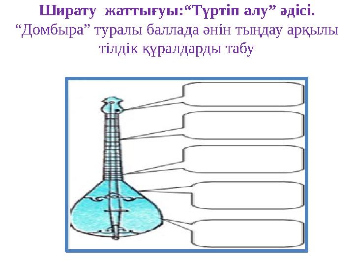 Ширату жаттығуы:“Түртіп алу” әдісі. “Домбыра” туралы баллада әнін тыңдау арқылы тілдік құралдарды табу