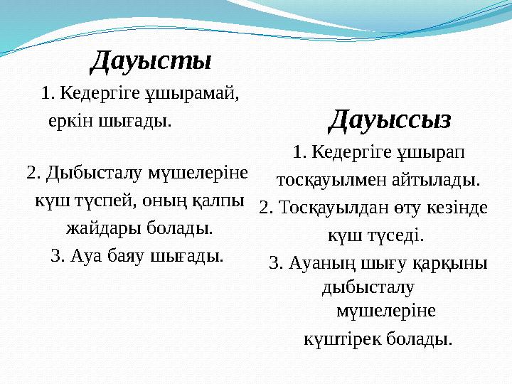 Дауысты 1. Кедергіге ұшырамай, еркін шығады. 2. Дыбысталу мүшеле