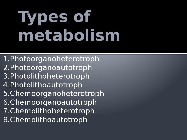 Types of metabolism 1 .Photoorganoheterotroph 2.Photoorganoautotroph 3.Photolithoheterotroph 4.Photolithoautotroph 5.Chemoorgan