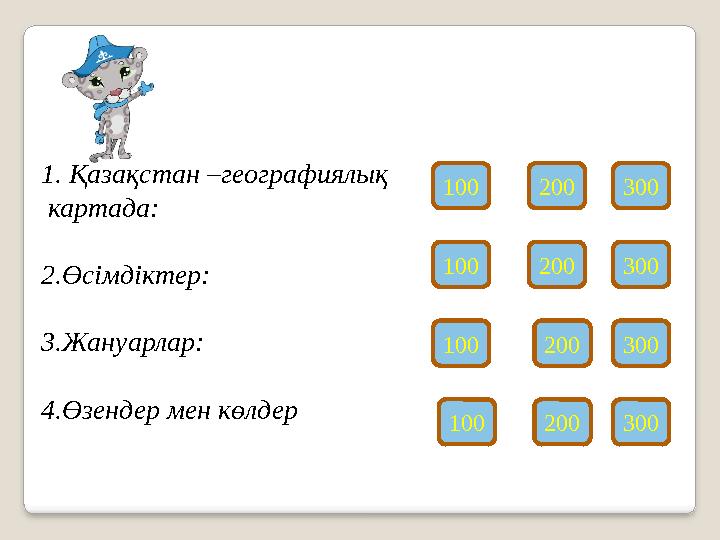 1. Қазақстан –географиялық картада: 2.Өсімдіктер: 3.Жануарлар: 4.Өзендер мен көлдер 100 200 300 100 200 300 100 200300 100 200