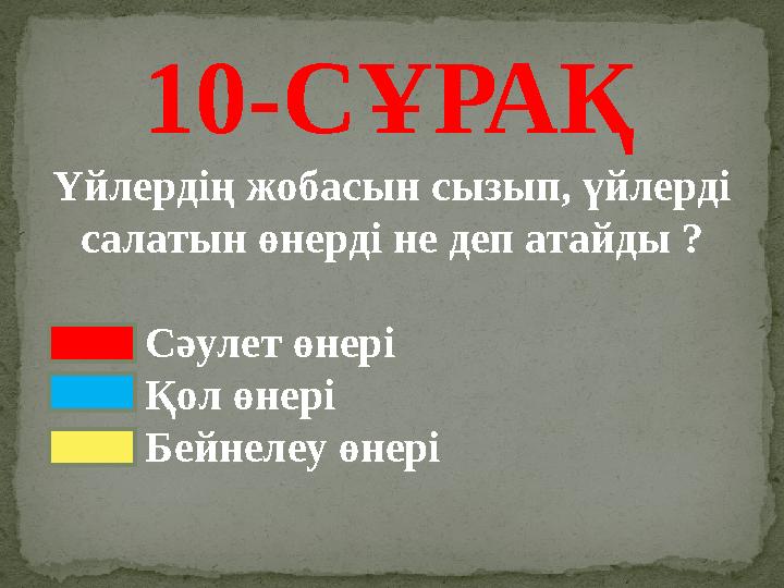 10-СҰРАҚ Үйлердің жобасын сызып, үйлерді салатын өнерді не деп атайды ? Сәулет өнері Қол өнері