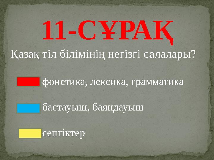 11-СҰРАҚ Қазақ тіл білімінің негізгі салалары? фонетика, лексика, граммат