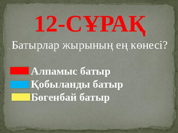 1 2 -СҰРАҚ . Батырлар жырының ең көнесі? Алпамыс батыр Қобыланды батыр Бөгенбай батыр