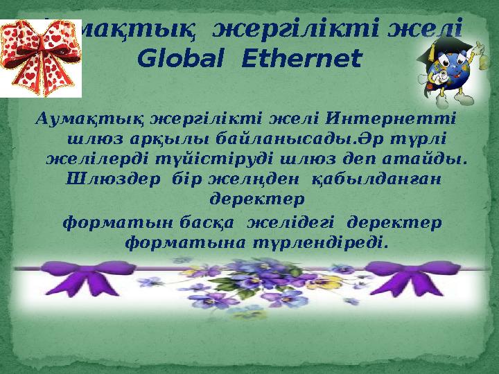 Аумақтық жергілікті желі Интернетті шлюз арқылы байланысады.Әр түрлі желілерді түйістіруді шлюз деп атайды. Шлюздер бір жел