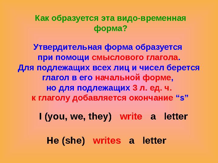 Как образуется эта видо-временная форма? Утвердительная форма образуется при помощи смыслового глагола . Для подлежащих всех