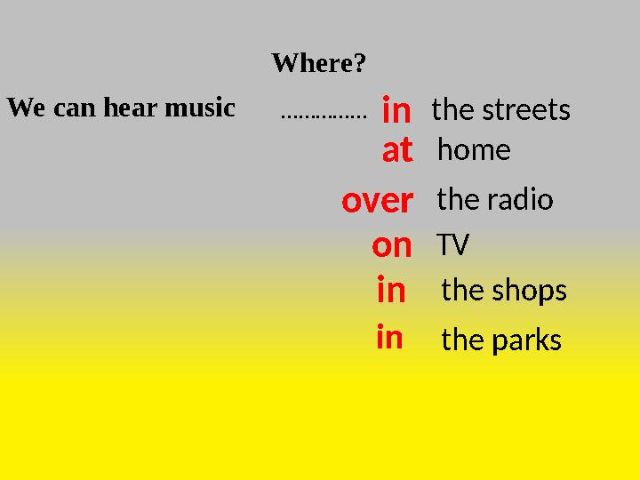 We can hear music …………… Where? the streets over home the radio TV the shops the parks at in on in in
