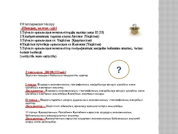 Үй тапсырмасын тексеру «Шындық, жалған» әдісі 1.Түбекте орналасқан мемлекеттердің жалпы саны 10 (33) 2.Ұлыбритания