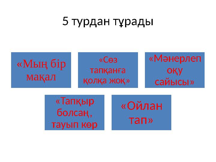 5 турдан тұрады «Мың бір мақал «Сөз тапқанға қолқа жоқ» «Мәнерлеп оқу сайысы» «Тапқыр болсаң, тауып көр «Ойлан тап»