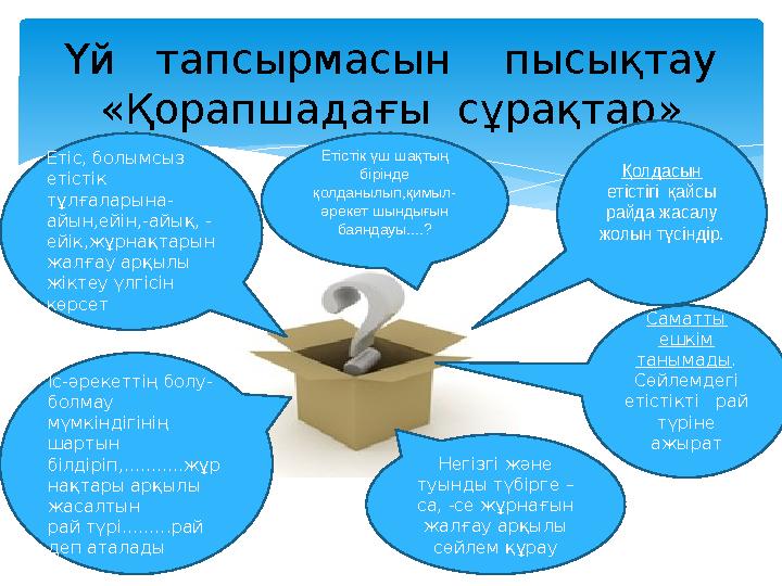 Үй тапсырмасын пысықтау «Қорапшадағы сұрақтар» Қолдасын етістігі қайсы райда жасалу жолын түсіндір. Саматты ешкім т