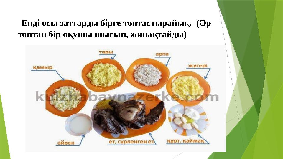 Енді осы заттарды бірге топтастырайық. (Әр топтан бір оқушы шығып, жинақтайды) Енді осы заттарды бірге топтастырайық. (Әр топтан бір оқушы шығып, жинақтайды)