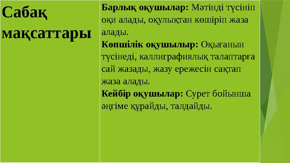 Сабақ мақсаттары Барлық оқушылар: Мәтінді түсініп оқи алады, оқулықтан көшіріп жаза алады. Көпшілік оқушылыр: Сабақ мақсаттары Барлық оқушылар: Мәтінді түсініп оқи алады, оқулықтан көшіріп жаза алады. Көпшілік оқушылыр: