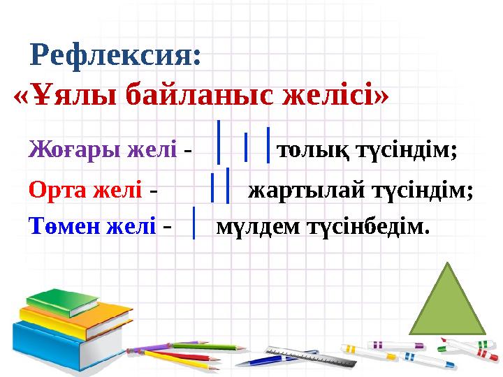 Рефлексия: «Ұялы байланыс желісі» Жоғары желі - ׀׀ ׀ толық түсіндім; Орта желі - ׀׀ жартылай түсіндім;