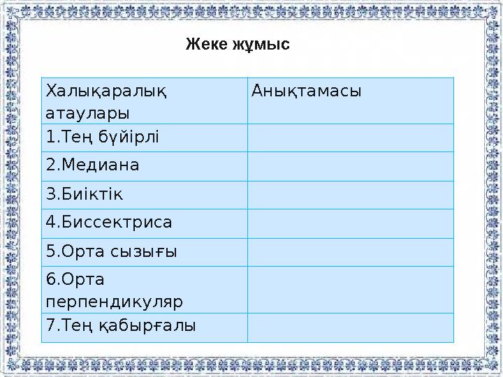 Жеке жұмыс Халықаралық атаулары Анықтамасы 1.Тең бүйірлі 2.Медиана 3.Биіктік 4.Биссектриса 5.Орта сызығы 6.Орта перпендикуляр