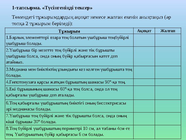 Тұжырым Ақиқат Жалған 1.Барлық элементтері өзара тең болатын үшбұрыш теңбүйірлі үшбұрыш болады. 2.Үшбұрыш бір мезетте тең бүйір
