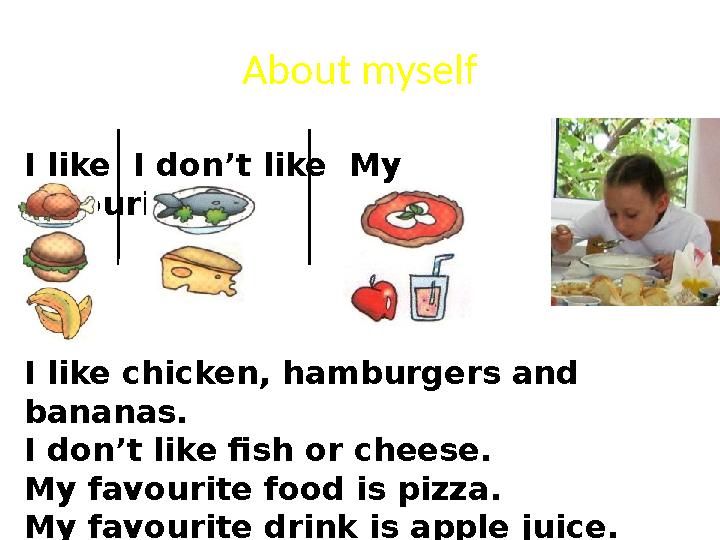 About myself I like chicken, hamburgers and bananas. I don’t like fish or cheese. My favourite food is pizza. My favourite drin