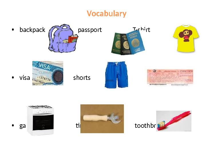 Vocabulary • backpack passport T-shirt • visa shorts