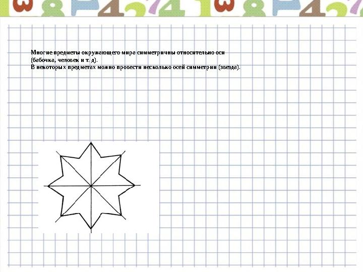 Многие предметы окружающего мира симметричны относительно оси (бабочка, человек и т. д). В некоторых предметах можно провести