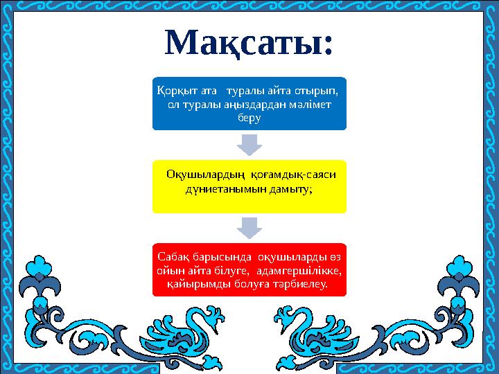 Қорқыт ата туралы айта отырып, ол туралы аңыздардан мәлімет беру Оқушылардың қоғамдық-саяси дүниетанымын дамыту; Сабақ б