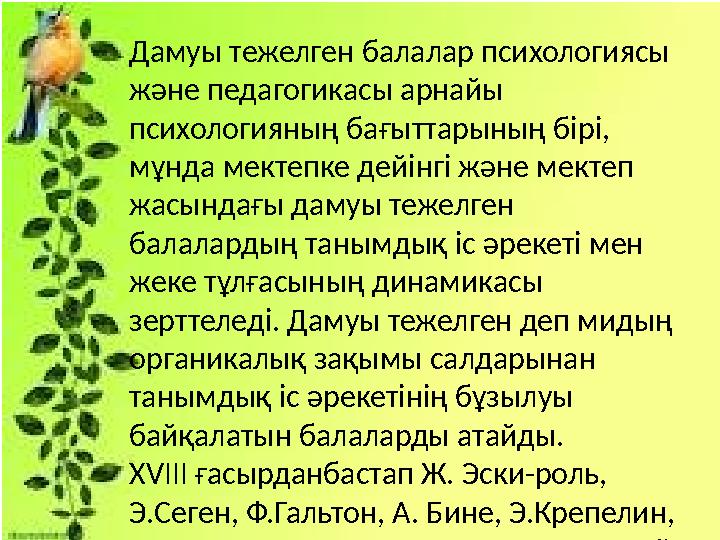 Дамуы тежелген балалар психологиясы және педагогикасы арнайы психологияның бағыттарының бірі, мұнда мектепке дейінгі және мек