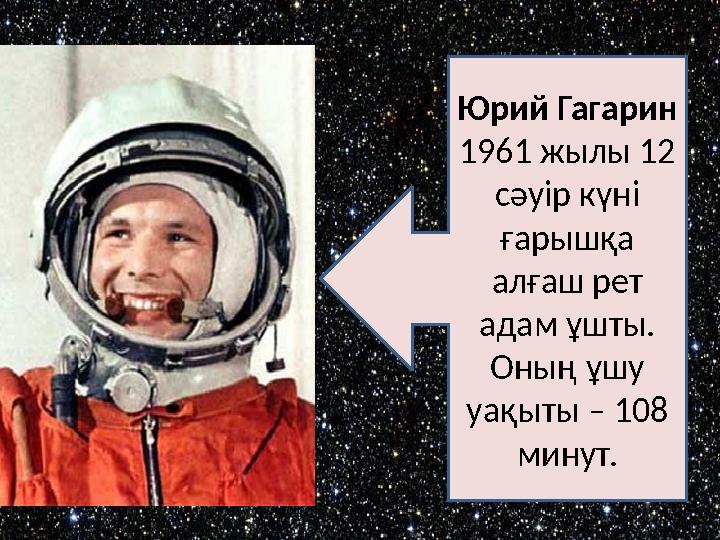Юрий Гагарин 1961 жылы 12 сәуір күні ғарышқа алғаш рет адам ұшты. Оның ұшу уақыты – 108 минут.