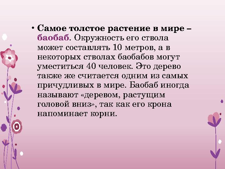 • Самое толстое растение в мире – баобаб . Окружность его ствола может составлять 10 метров, а в некоторых стволах баобабов м