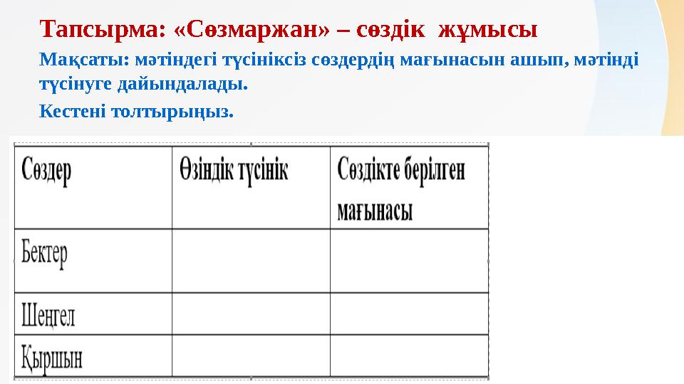 Мақсаты: мәтіндегі түсініксіз сөздердің мағынасын ашып, мәтінді түсінуге дайындалады. Кестені толтырыңыз.Тапсырма: «Сөзмаржан»