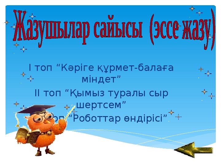 І топ “Кәріге құрмет-балаға міндет” ІІ топ “Қымыз туралы сыр шертсем” ІІІ топ “Роботтар өндірісі”