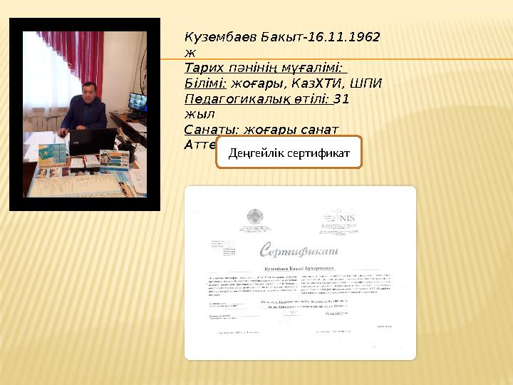 Кузембаев Бакыт-16.11.1962 ж Тарих пәнінің мұғалімі: Білімі: жоғары, КазХТИ, ШПИ Педагогикалық өтілі: 31 жыл Санаты: жоғары с