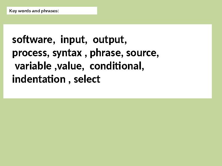 Key words and phrases: software , input, output, process, syntax , phrase, source, variable ,value, conditional, indent