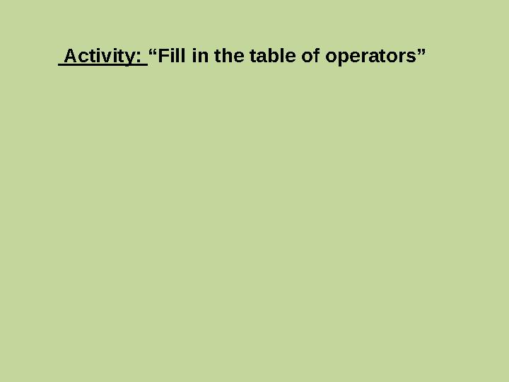 Activity: “Fill in the table of operators”