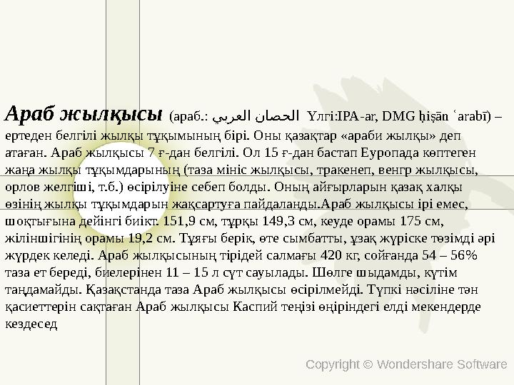 Copyright © Wondershare Software Араб жылқысы (араб.: يبرعلا ناصحلا Үлгі:IPA-ar, DMG ḥiṣān ʿarabī) – ертеден белгілі жылқы