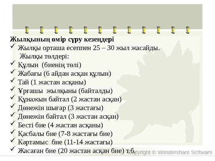 Copyright © Wondershare Software Жылқының өмір сүру кезеңдері Жылқы орташа есеппен 25 – 30 жыл жасайды.