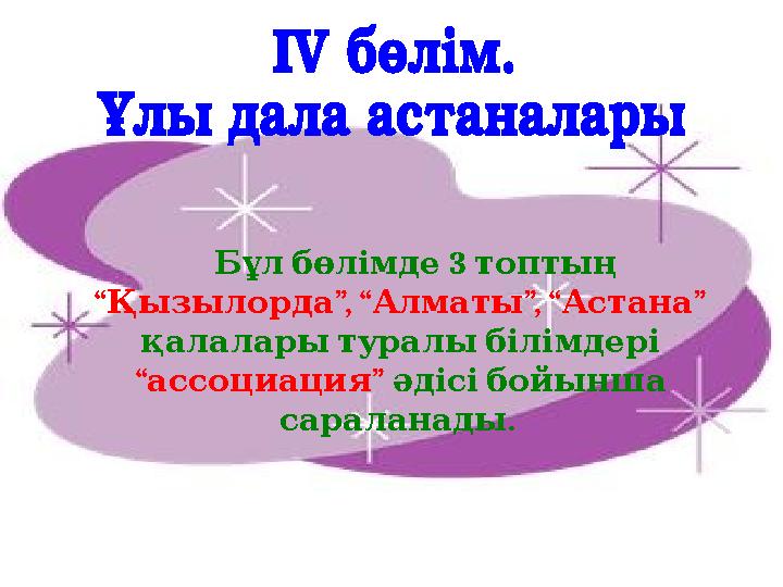 3 Бұл бөлімде топтың “ ”, “ ”, “ ” Қызылорда Алматы Астана қалалары туралы білімдері “ ” ассоциация әдісі бо