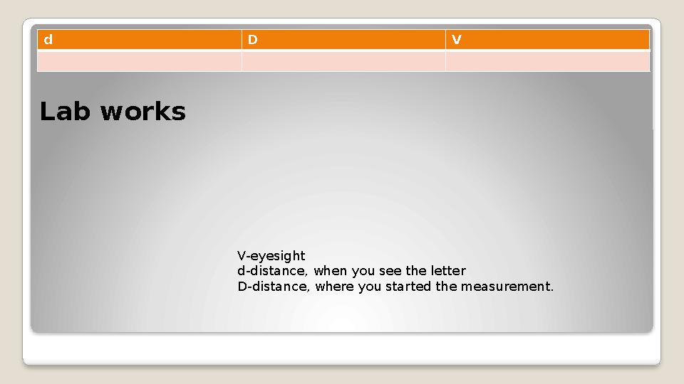 Lab works d D V V-eyesight d-distance, when you see the letter D-distance, where you started the measurement.
