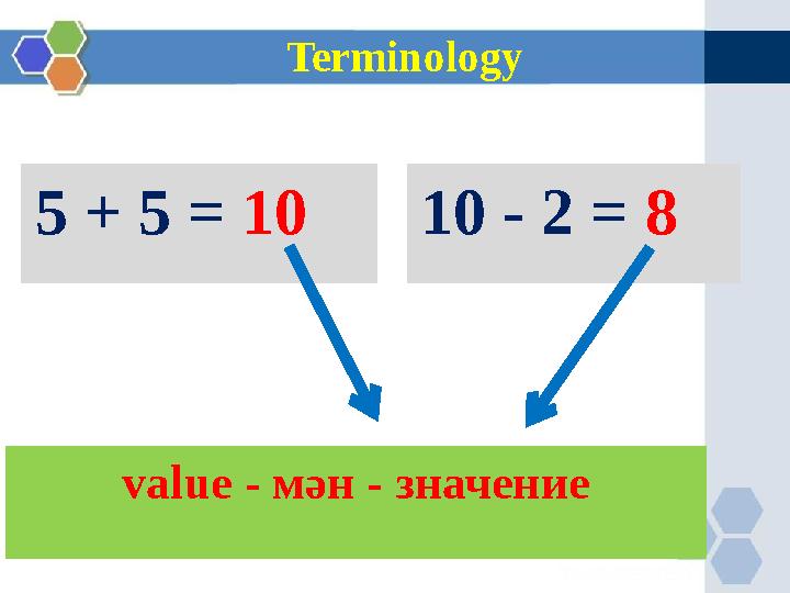 Terminology value - мән - значение 5 + 5 = 10 10 - 2 = 8