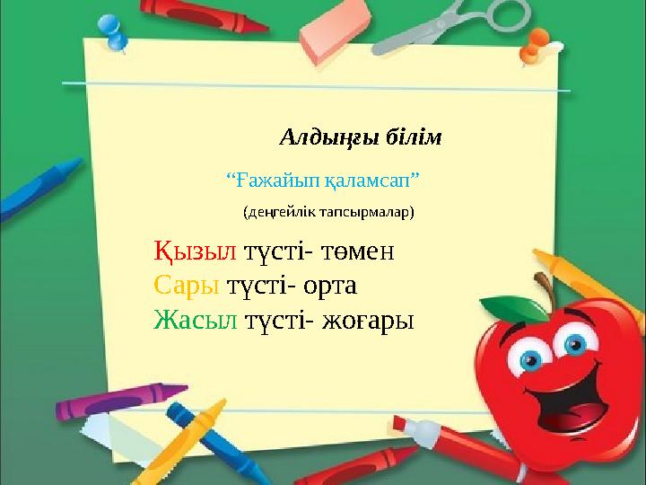 Алдыңғы білім Қоспал а р Алдыңғы білім “ Ғажайып қаламсап” Қызыл түсті- төмен Сары түсті- орта Жасыл түсті- жоғары (деңгейлі