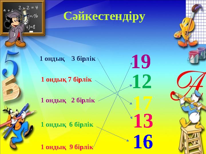 Сәйкестендіру 1 ондық 3 бірлік 1 ондық 7 бірлік 1 ондық 2 бірлік 1 о ндық 6 бірлік 1 ондық 9 бірлік 19 12 17 13