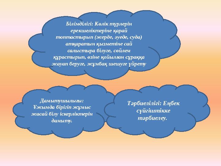 Білімділігі: Көлік түрлерін ерекшеліктеріне қарай топтастырып (жерде, әуеде, суда) атқаратын қызметіне сай салыстыра білуге,