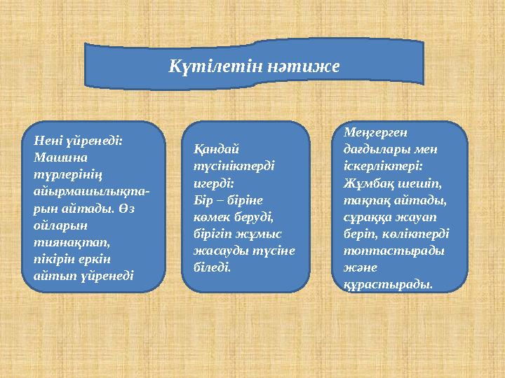 Күтілетін нәтиже Нені үйренеді: Машина түрлерінің айырмашылықта - рын айтады. Өз ойларын тиянақтап, пікірін еркін айтып үй