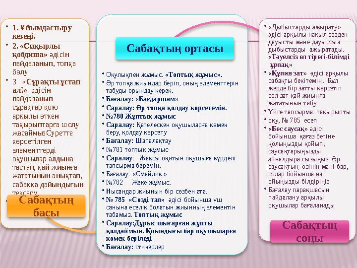 • 1. Ұйымдастыру кезеңі. • 2. «Сиқырлы қобдиша» әдісін пайдаланып, топқа бөлу • 3 « Сұрақты ұстап ал!» әдісін пайда