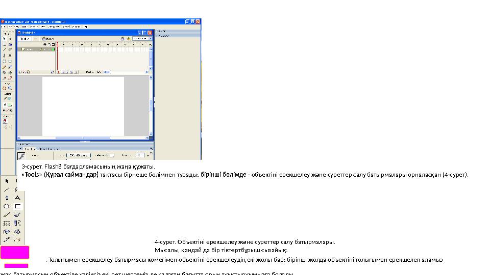 3-сурет. Flash8 бағдарламасының жаңа құжаты. «Tools» (Құрал саймандар) тақтасы бірнеше бөлімнен тұрады: бірінші бөлімде - о