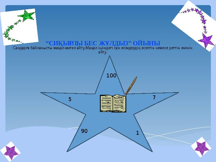 “ СИҚЫРЛЫ БЕС ЖҰЛДЫЗ” ОЙЫНЫ Сандарға байланысты мақал-мәтел айту.Мақал ішіндегі сан есімдердің есептік немесе реттік екенін айт
