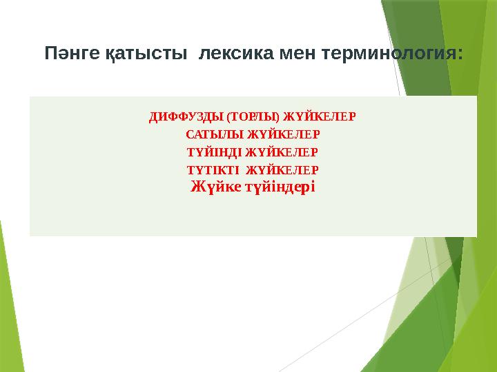 Пәнге қатысты лексика мен терминология: ДИФФУЗДЫ (ТОРЛЫ) ЖҮЙКЕЛЕР САТЫЛЫ ЖҮЙКЕЛЕР ТҮЙІНДІ ЖҮЙКЕЛЕР ТҮТІКТІ ЖҮЙКЕЛЕР Жүйке түй